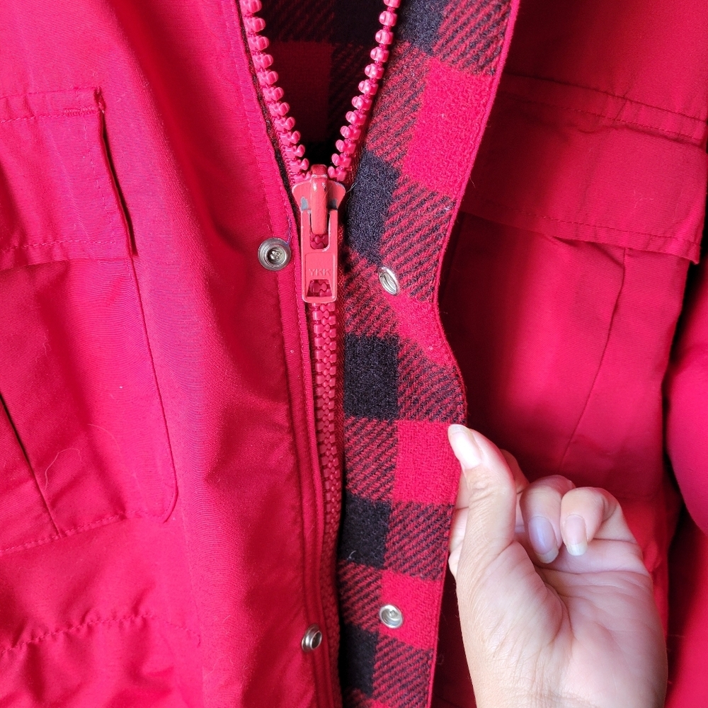 Vintage LL Bean Baxter State Parka Jacket Plaid Wool Lined Hood Red Womens Large - Picture 6 of 16